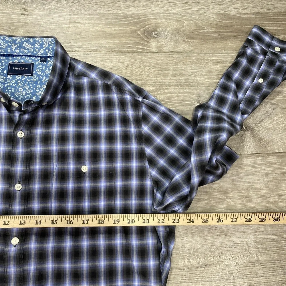 7 Diamonds Shirt Mens XL Blue Plaid Button Down Long Sleeve Higher Ground Casual
